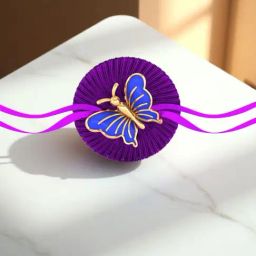 P.C. Chandra Jewellers 14KT Yellow Gold Butterfly Blue Enamel Accent Purple Thread Rakhi for Men-image-1