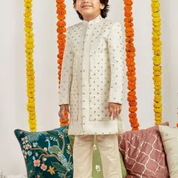 VASTRAMAY Boys Cream Sherwani Pyjama Set-image-38