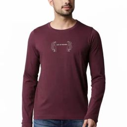Basics Maroon Muscle Fit Printed T-Shirt-image-3