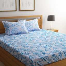 URBAN DREAM White & Blue Abstract Flat 210 TC Cotton 1 King Bedsheet with 2 Pillow Covers-57
