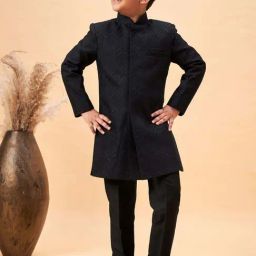 VASTRAMAY Boys Black Self Full Sleeves Indowestern Sets-image-58