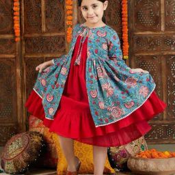 VASTRAMAY Girls Red & Blue Cotton Floral Full Sleeves Kurta-image-41