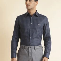 ANDAMEN Navy Regular Fit Check Shirt-image-6