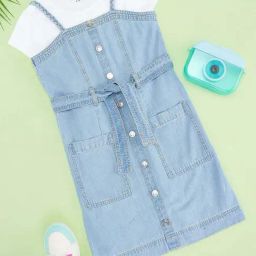 Pantaloons Junior Girls Arctic Ice & White Cotton Solid Casual Dresses-image-44