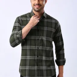 HJ HASASI Green Slim Fit Check Cotton Shirt-image-70