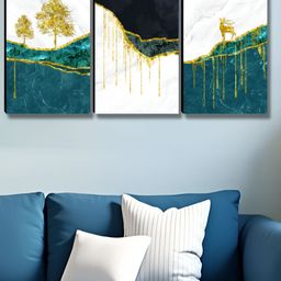 SAF White & Blue 3 Pieces Tree And Deer Printed Wooden Wall Art-image-39