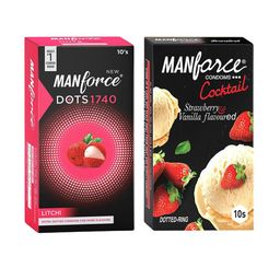 Manforce Men Set Of 2 Dots 1740 Condom- Litchi & Cocktail Condom- Strawberry- 10 Pcs Each-35