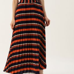 U&F Women Navy Blue & Rust-Orange Striped Maxi Skirt-image-54