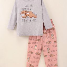 Doreme Full Sleeves T-Shirt & Pyjama Set Text Print - Grey-picture-8