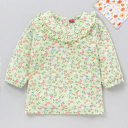 Babyhug Three Fourth Peasant Sleeves With Frill Detailing Floral Print Top - Green-picture-7