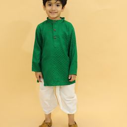 MoMaa Full Sleeves Self Designed Cotton Silk Kurta With Zari Work Detailed Dhoti - Dark Green-image-68