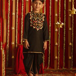 Vastramay Full Sleeves Mirror Work Embellished & Embroidered With Coordinating Lace Embellished Dhoti - Black-image-86