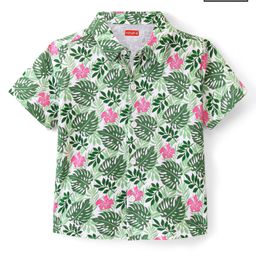 Babyhug 100% Cotton Knit Half Sleeve Shirt With Tropical Leaves Print - Green-image-85