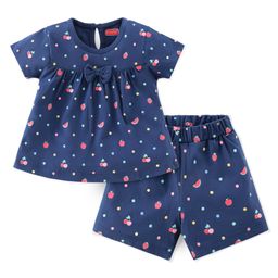 Babyhug Single Jersey Knit Half Sleeves Night Suit Fruits Printed with Bow Applique - Navy Blue-image-39