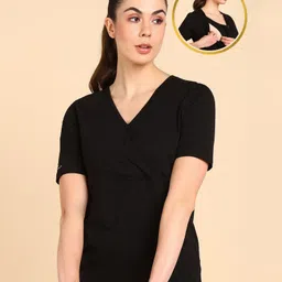 Zelena Half Sleeves Solid Maternity Zipless Top With Nursing Access - Black-picture-43