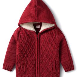 Babyhug Knitted Full Sleeves Hooded Front Open Sweater With Cable Knit Design - Maroon-image-16