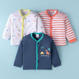 Mini Donuts Interlock Knit Full Sleeves Front Open Vests with Stripes & Dino Print Pack of 3 - Orange Blue & White-image-17