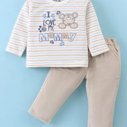 ToffyHouse 100% Cotton Knit Full Sleeves Striped T-Shirt & Trouser Set with Bear & Text Embroidery - White & Tan-image-16