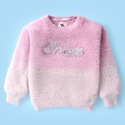Yellow Apple Knitted Full Sleeves Pullover Sweater with Sequin Embroidery & Fur Detailing - Light Pink-image-2