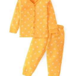 Babyhug Full Sleeves Front Open Thermal Vest with Floral Print - Yellow-image-45