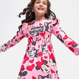 Babyhug Disney Single Jersey Knit Full Sleeves Minnie Mouse Printed Frock with Frill Detailing - Pink-image-49