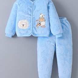 Kookie Kids Full Sleeves Front Open Winter Wear T-Shirt & Lounge Pant Set with Bear & Lion Patch - Light Blue-image-22