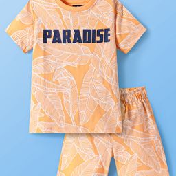 Pine Kids Single Jersey Knit Half Sleeves T-Shirt & Shorts Set with Leaves Print - Orange-image-86