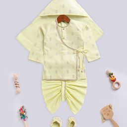 Vastramay Full Sleeves Ethnic Foil Printed Kurta With Kantha Work Detailed Dhoti Swaddle & Booties Set - Yellow-image-83