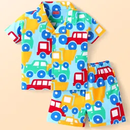 Babyhug Cotton Knit Half Sleeves Shorts Night Suit With Car Print - Light Blue-picture-12