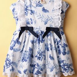 ToffyHouse Cotton Woven Cap Sleeves Dress with Floral Print Frill Detailing & Bow Applique - White & Blue-picture-3