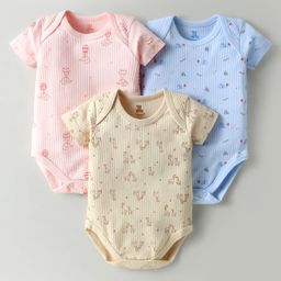 I Bears Interlock Knit Half Sleeves Onesies With Animal Print Pack Of 3 - Pink & Light Blue & Cream-image-6