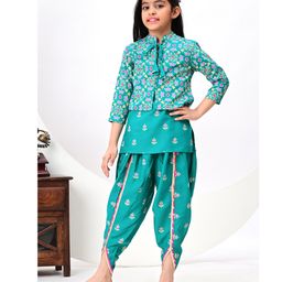 FlyFinns Rayon Floral Printed Kurta With Three Fourth Sleeves Jacket & Dhoti - Green-image-76