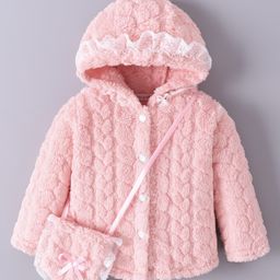Mark & Mia Full Sleeves Solid Hooded Fur Winter Jacket With Sling Bag - Pink-picture-11