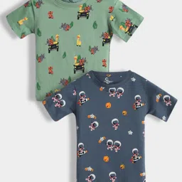 Orange Sugar 100% Cotton Knit Pack Of 2 Half Sleeves Animals & Astronaut Printed Tees - Green & Navy Blue-image-24