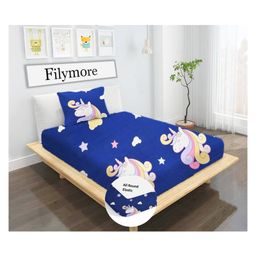 Filymore Kids Elastic fitted Blue Unicorn Theam single bedsheet with one pillow cover made with pure microfiber(colour-Navyblue)-image-87