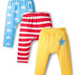 Babyhug Cotton Knit Full Length Diaper Leggings With Stripe & Star Print Pack Of 3 - Yellow Red & Light Blue-picture-44