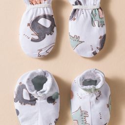 OHMS Interlock Knit Mittens & Booties Set with Animal Print - White & Grey-picture-11