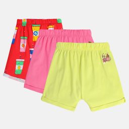 MINI KLUB Cotton Woven Pack Of 3 Solid & Drinks Printed Shorts - Yellow Pink & Red-image-79