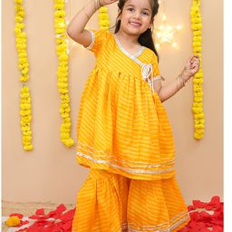 BownBee Cotton Woven Half Sleeves Lehriya Printed & Gota Lace Embellished Kurti & Sharara Set - Yellow-image-76