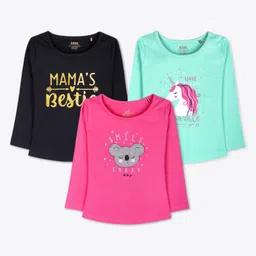 Ariel Cotton Knit Pack Of 3 Full Sleeves Baby Koala Embroidered & Unicorn Printed Tees - Black Green & Pink-picture-13