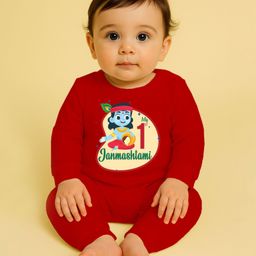 The Peppy Tend 100% Cotton Knit Janmasthami Theme Full Sleeves My 1st Janmasthami Text Printed Romper - Red-image-86