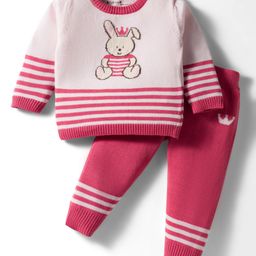 ToffyHouse Cotton Knit Full Sleeves Winter Wear T-Shirt & Lounge Pant Set With Bunny Print - Pink-picture-48