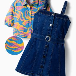 OLLINGTON ST. Cotton Half Sleeves Printed Top & Denim Pinafore - Multicolor & Blue-picture-7