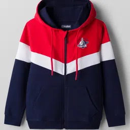 Pine Kids Cotton Knit Full Sleeves Hooded Sweatjacket With Space Shuttle Print & Kangaroo Pockets - Navy Blue & Red-picture-14