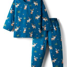 Babyhug Cotton Knit Full Sleeves Night Suit with Reindeer Print - Blue-picture-30