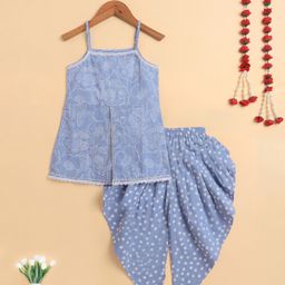The Magic Wand Cotton Woven Sleeveless Floral Printed Gota Lace Embellished Front Slit Kurti & Dhoti Set- Blue-picture-10