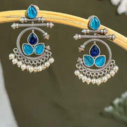 NAMAN ARTS Silver-Plated Artificial Studded & Beaded Contemporary Drop Earrings-image-56