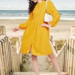 DressBerry Polka Dot Print Puff Sleeve Crepe A-Line Dress-image-49