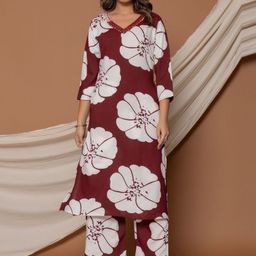 IkDaiya Floral Printed V-Neck Mirror Work Pure Cotton Kurta With Trousers-picture-14
