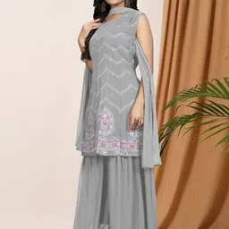 PARROT CREATION Floral Embroidered Sequinned Georgette A-Line Kurti With Sharara & Dupatta-image-19